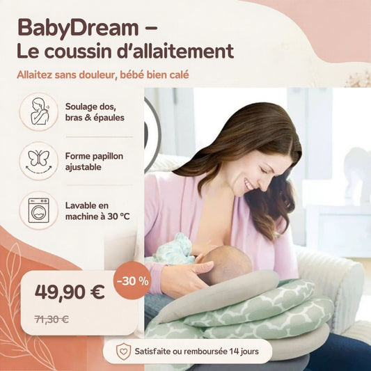 Coussin d'allaitement BabyDream à 49,90 € : soulage dos, bras et épaules, forme papillon ajustable, lavable à 30 °C