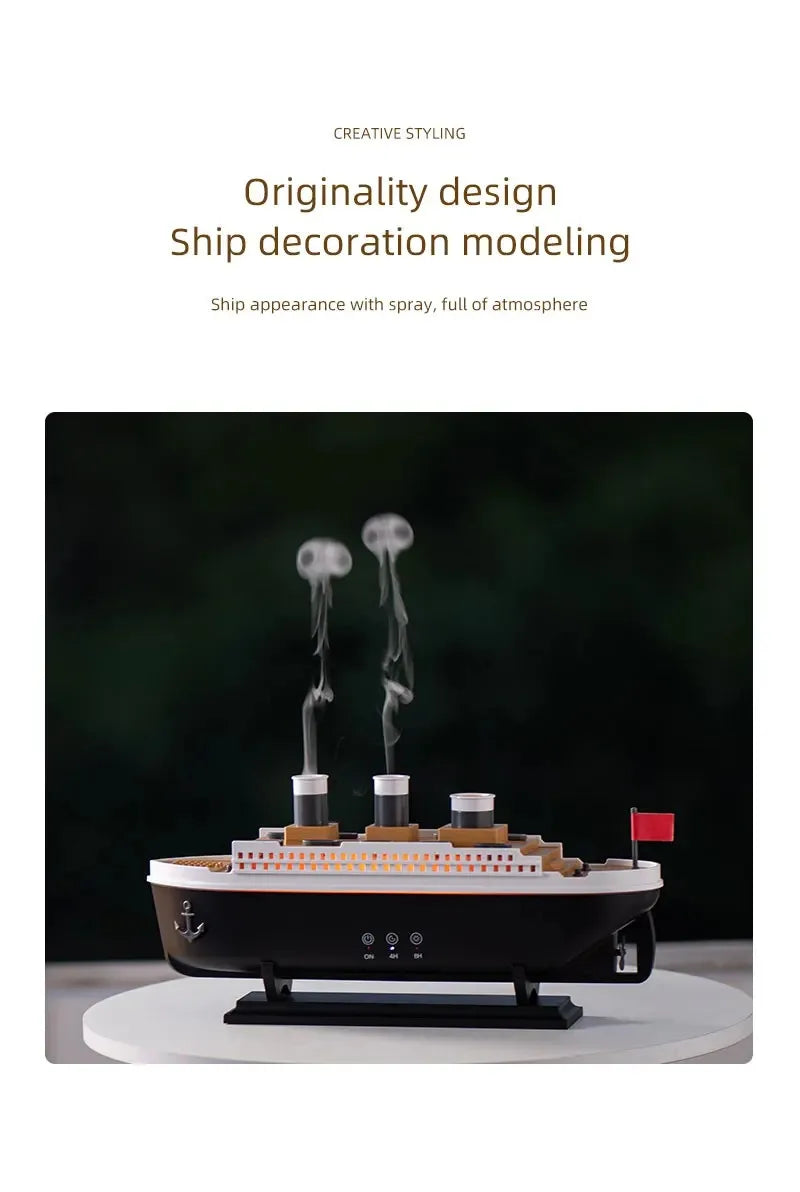 Maquette décorative du Titanic diffusant des anneaux de brume