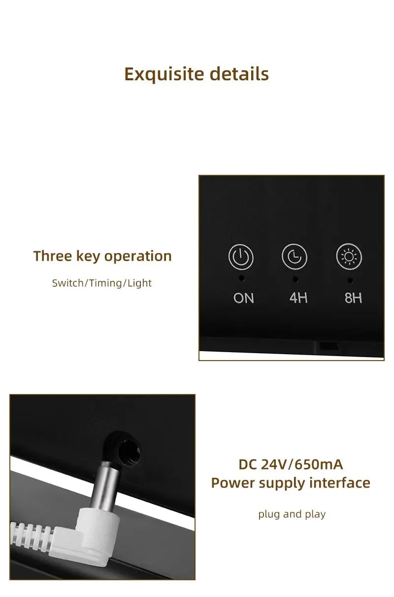 Touches marche, minuteur 4 h et 8 h et prise d'alimentation DC 24 V