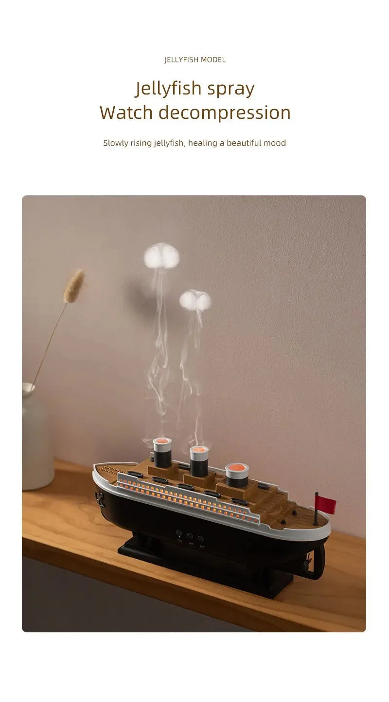 Brume en forme de méduse au-dessus du Titanic posé sur une étagère