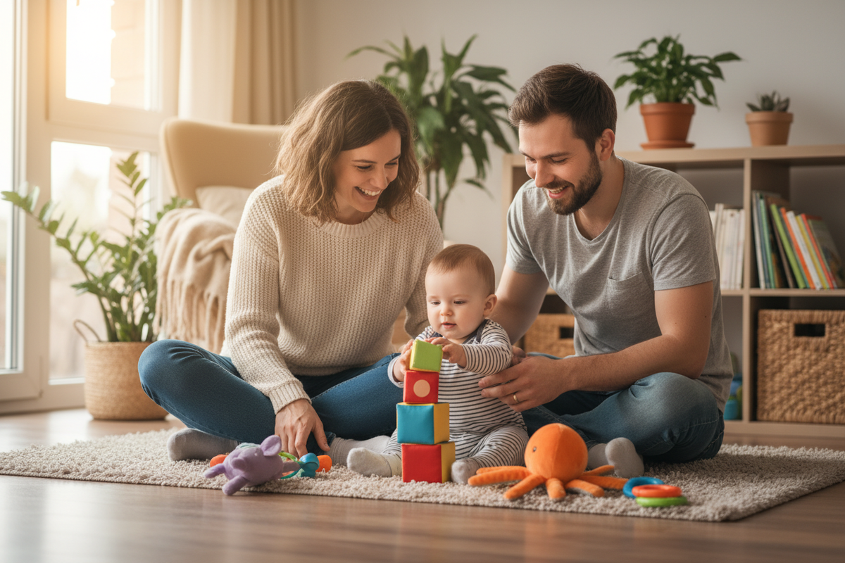 happy couple with baby playing with toys
